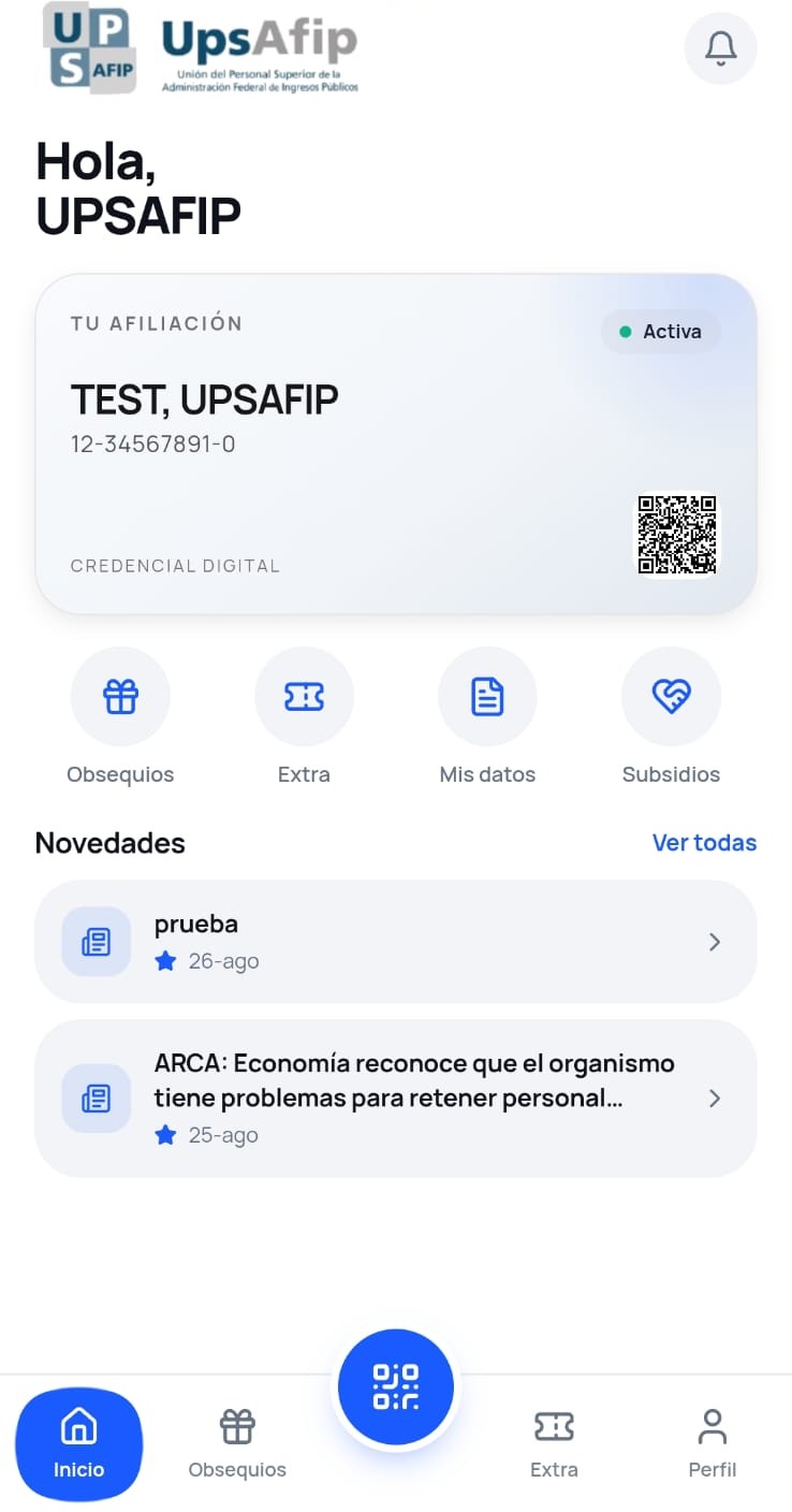 Pantalla de inicio de la app UPSAFIP