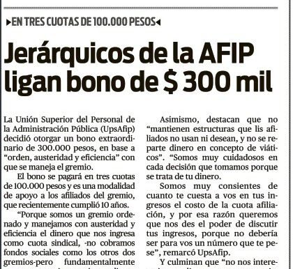 Jeráquicos de la AFIP ligan bono de $300mil